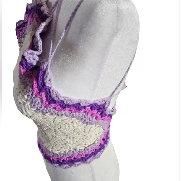 Handmade White Crochet Halter Crop-Top Floral Hand Knit Triangular Shape Purple - Picture 9 of 17